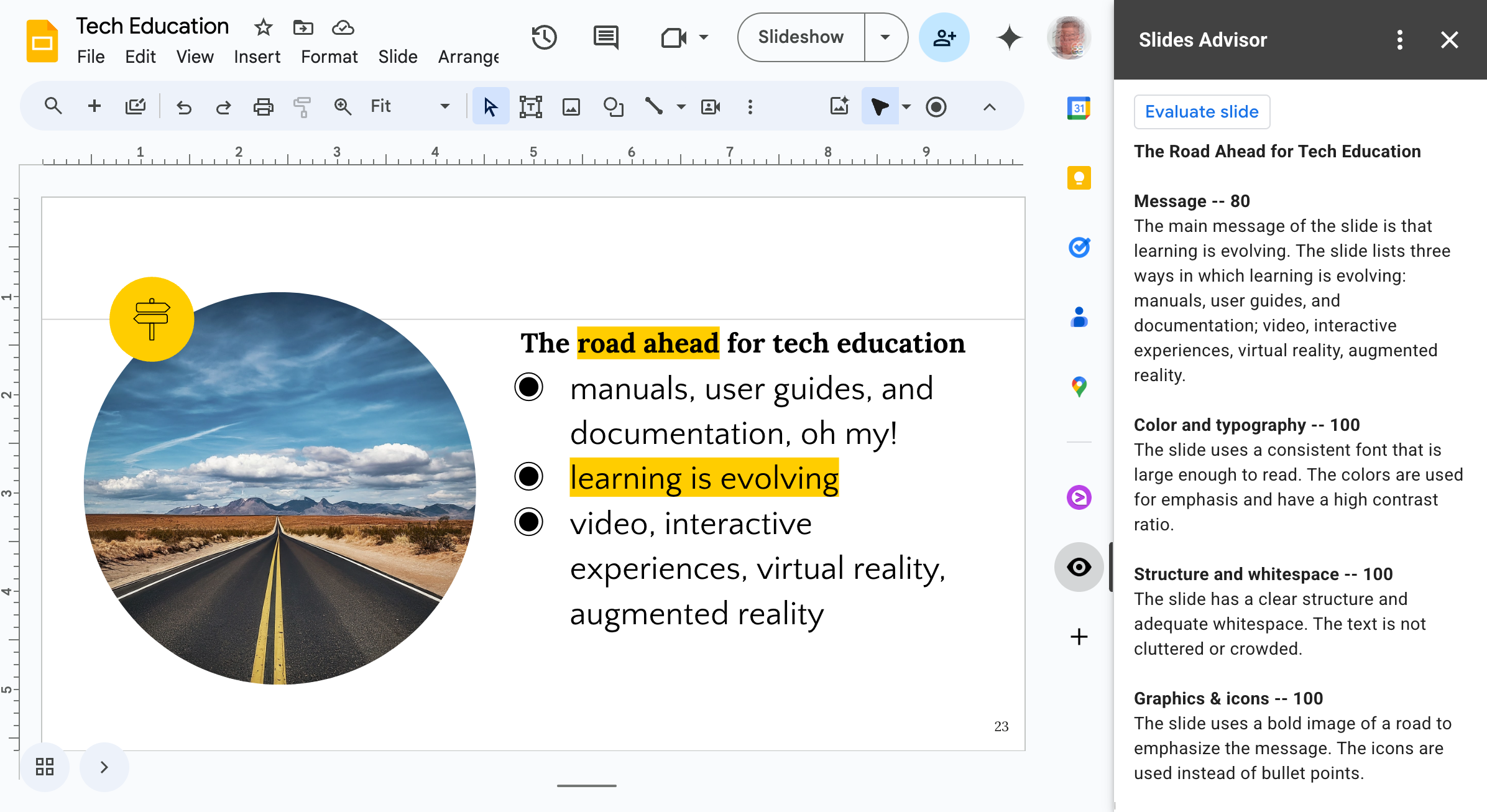 Slides Advisor Add-on running as a sidebar for Google Slides