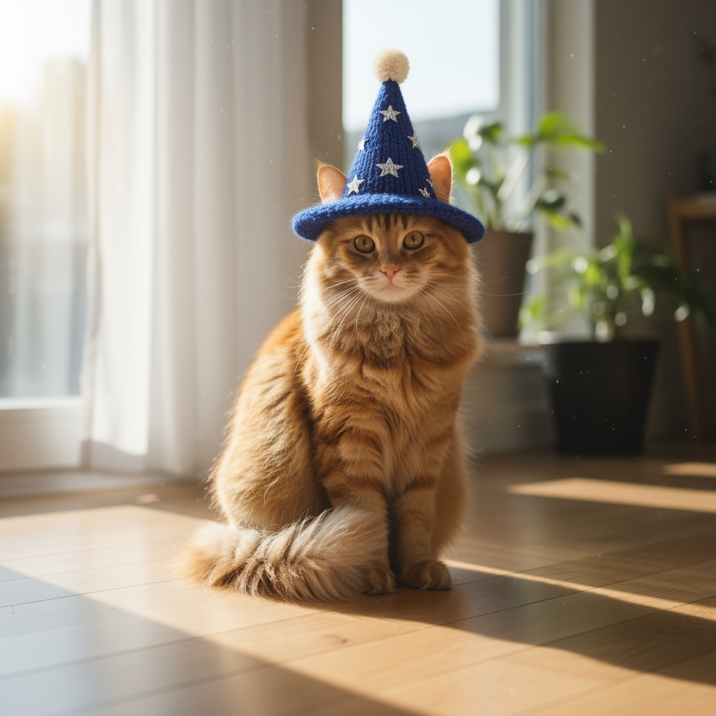 Usando a imagem fornecida do meu gato, adicione um pequeno chapéu de mago de tricô...