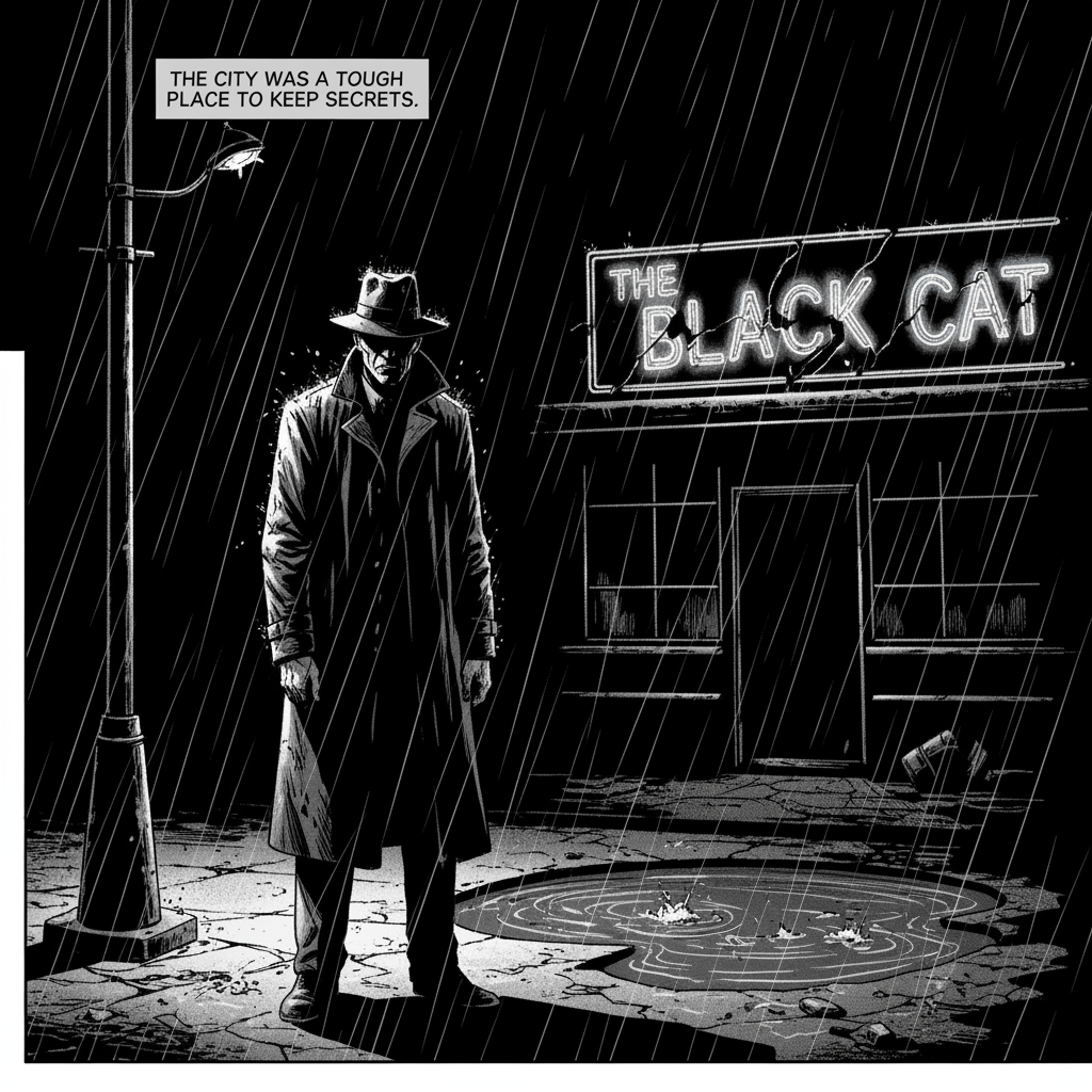 Um único painel de quadrinhos em um estilo de arte noir e sombrio...
