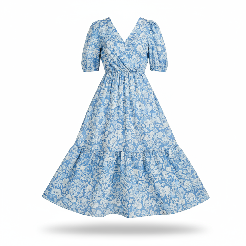 Uma foto profissional de um vestido de verão azul com estampa floral...