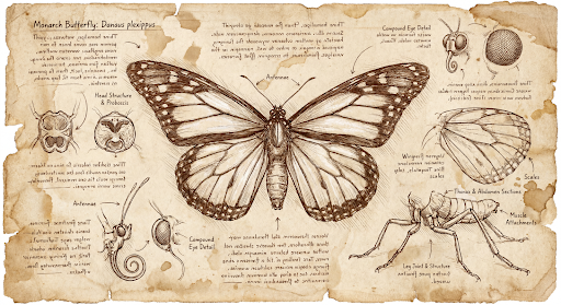 Schizzo anatomico in stile Da Vinci di una farfalla monarca sezionata, creato con l'AI.