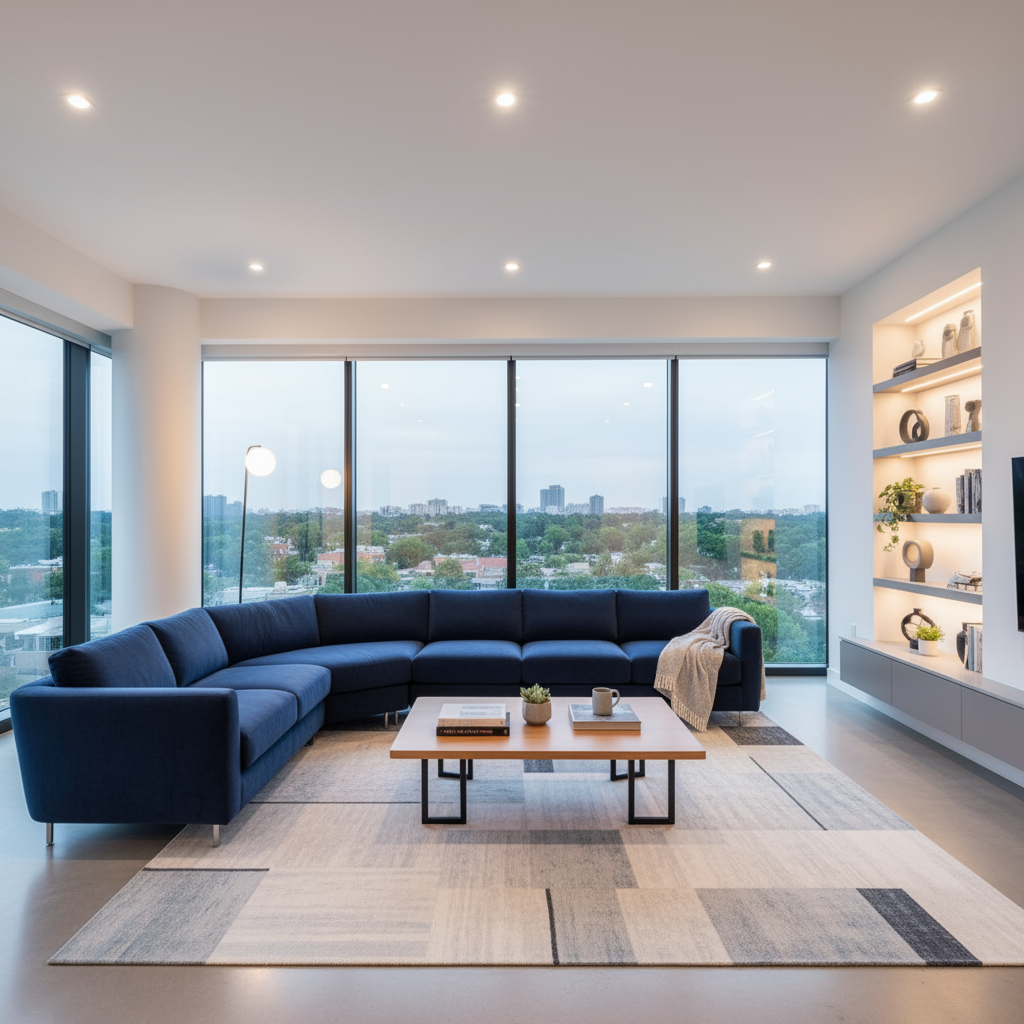 A wide shot of a modern, well-lit living room...
