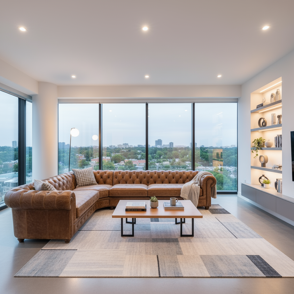 Using the provided image of a living room, change only the blue sofa to be a vintage, brown leather chesterfield sofa...