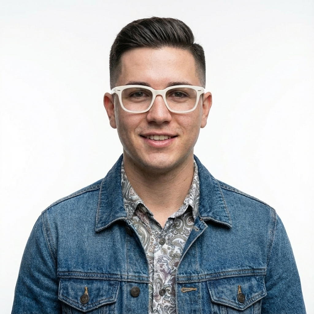 戴著白色眼鏡並向前看的男子