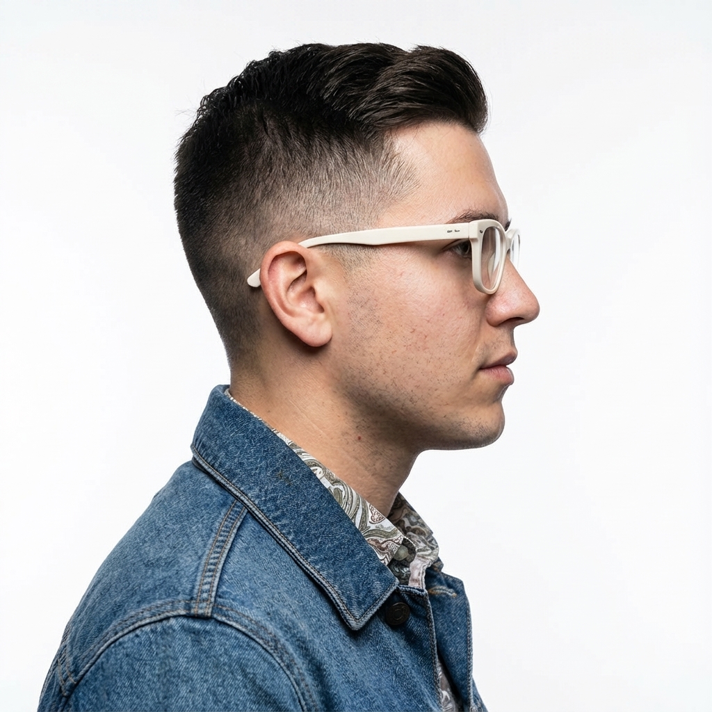 Zdjęcie mężczyzny w białych okularach patrzącego w prawo