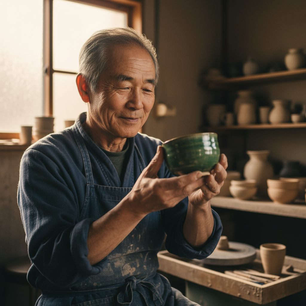 Um retrato fotorrealista em close de um ceramista japonês idoso...