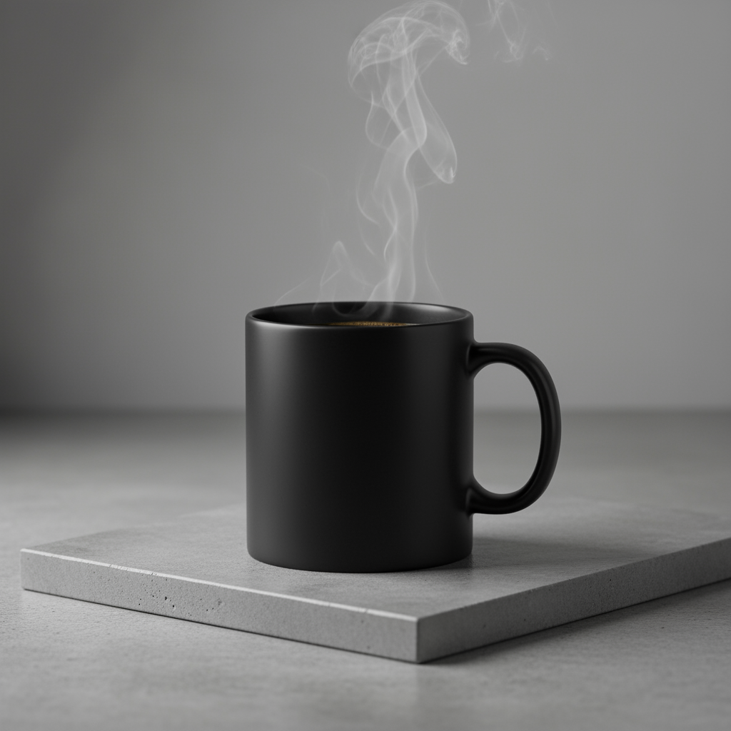 ミニマルなセラミック製コーヒー マグのスタジオ撮影による高解像度の商品写真。