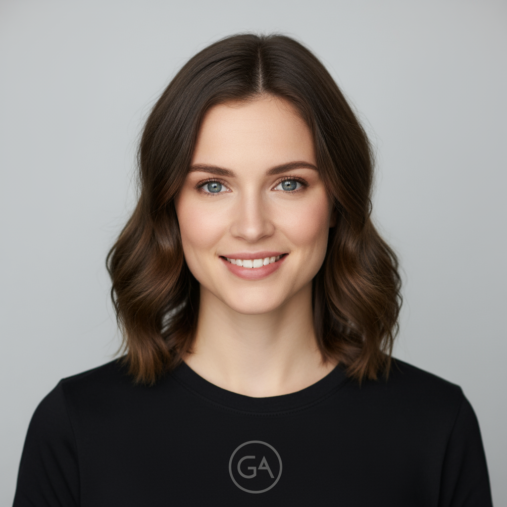 اولین تصویر از زن را با موهای قهوه‌ای، چشمان آبی و حالتی خنثی بگیرید...