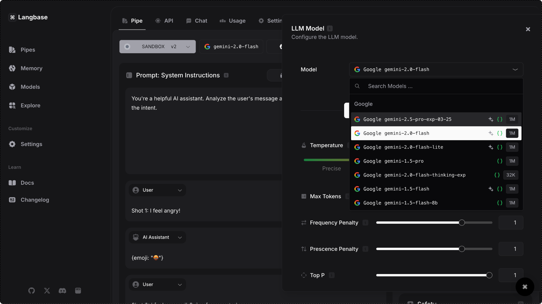 แพลตฟอร์ม Langbase แสดงโมเดล Gemini ต่างๆ ที่มีให้ใช้งานเพื่อสร้างตัวแทนไปป์ไลน์ผ่าน Gemini API