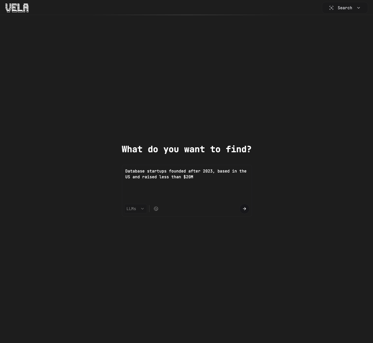 Vela 搜索界面的屏幕截图，其中下拉菜单显示了在