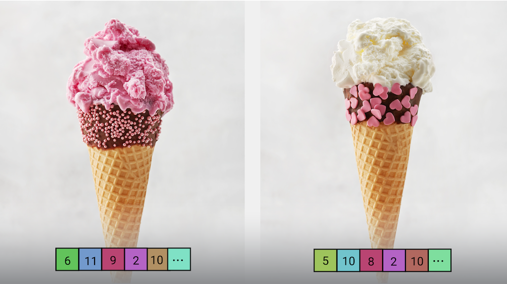 Dos imágenes de ejemplo de conos de helado que incluyen las incorporaciones numéricas de las imágenes como arrays