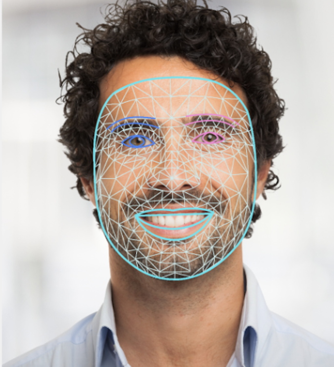 Homme dont les régions du visage sont cartographiées géométriquement pour indiquer sa forme et ses dimensions