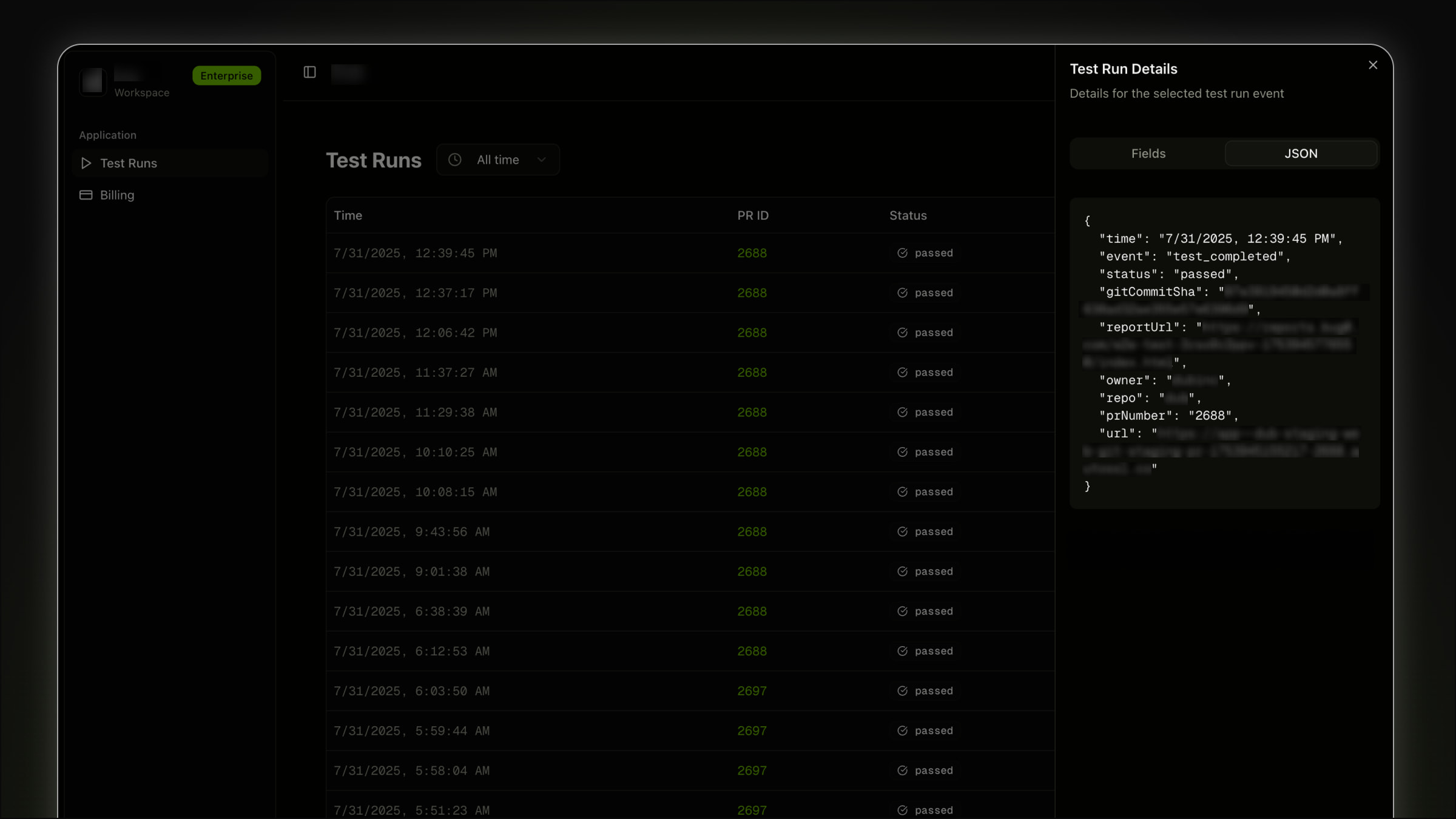 Détails de l&#39;exécution du test du tableau de bord Bug0